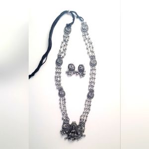 Oxidised Black Polish Long Mala Necklace and Earring Set
